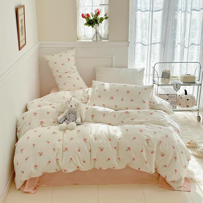 Nayoroom Pink Floral Comforter Set Twin Size Coquette Tulip Printed on White Comforter 2 Pcs Kids Girls Soft Lightweight Cute Bedding Set for All Seasons (1 Comforter, 2 Pillow Shams)