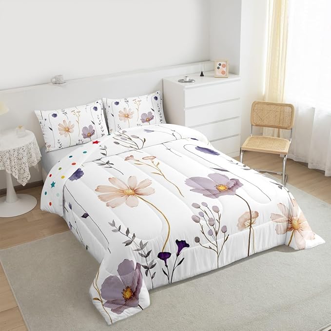 Erosebridal Watercolor Flower Bedding Set Twin, Plum Beige Floral Comforter Set for Teens Adult Women Bedroom, Modern Minimalist White Duvet Insert Branches Pastoral Down Comforter, 1 Pillow Case