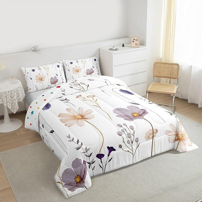Erosebridal Watercolor Flower Bedding Set Twin, Plum Beige Floral Comforter Set for Teens Adult Women Bedroom, Modern Minimalist White Duvet Insert Branches Pastoral Down Comforter, 1 Pillow Case