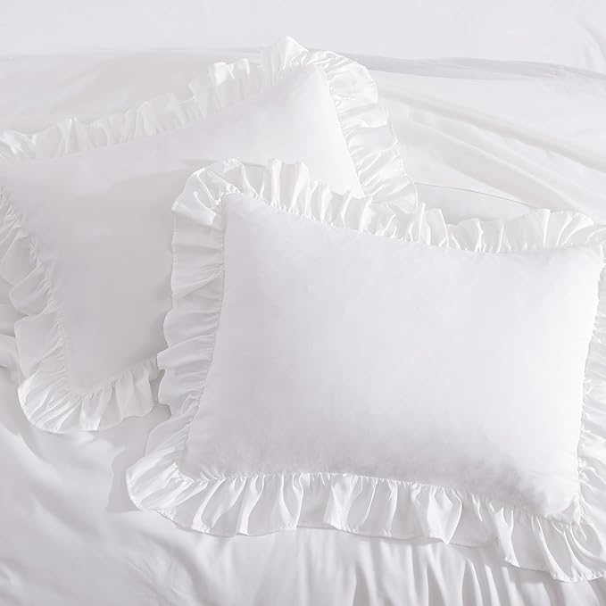 Full Comforter Set White, Ruffle Shabby Chic Bedding Set Farmhouse 7 Pieces, All Season Fluffy Bed in a Bag with Sheets, Pillowcases & Shams