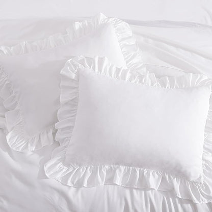 Queen Comforter Set White, Ruffle Shabby Chic Bedding Set Farmhouse 7 Pieces, All Season Fluffy Bed in a Bag with Sheets, Pillowcases & Shams