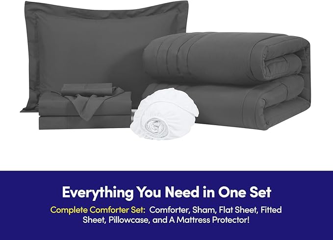 Twin Size Comforter Set Quilted Stripe Bedding Bundle – Stylish Set with Comforter, Mattress Protector, Sheet Set & Pillow Shams — Sophisticated Striped Design for Home & Guest Rooms, Charcoal