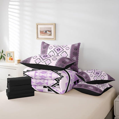 Erosebridal Western King Comforter Set with Sheets 7 Piece Boho Aztec Bed in A Bag Exotic Native American Bedding Sets for Teens Ethnic Tribal Geometric Diamond Bed Set Rustic Purple Room Decor