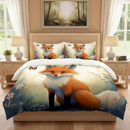 Fox Comforter Set Twin Size, Cute Animal Print Bedding Set for Kids Bedroom Decor/68 * 86