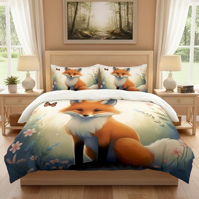 Fox Comforter Set Queen Size, Cute Animal Print Microfiber Bedding Set, Cozy Fairy Tale Bedroom Decor for Adult/Women