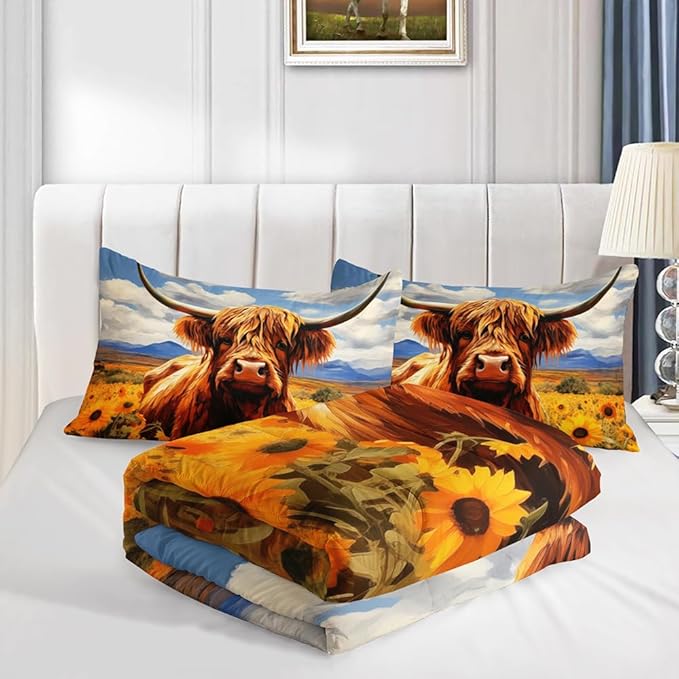 Cute Cow Print Comforter Set Queen Size Sunflower Sky Cloud Cow Bedding Set Farm Animals Cow Quilt Bed Set with 1 Comforter and 2 Pillowcases for Kids Boys Girls Room Decor, D-cow1