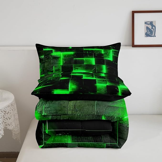 Erosebridal Black and Green Comforter Set King Modern Abstract King Bedding, 3D Glowing Plaid Bedding Comforter Sets Gradient Grid Duvet, Neon Square Quilted Comforter 3 Piece (Black Reversible)