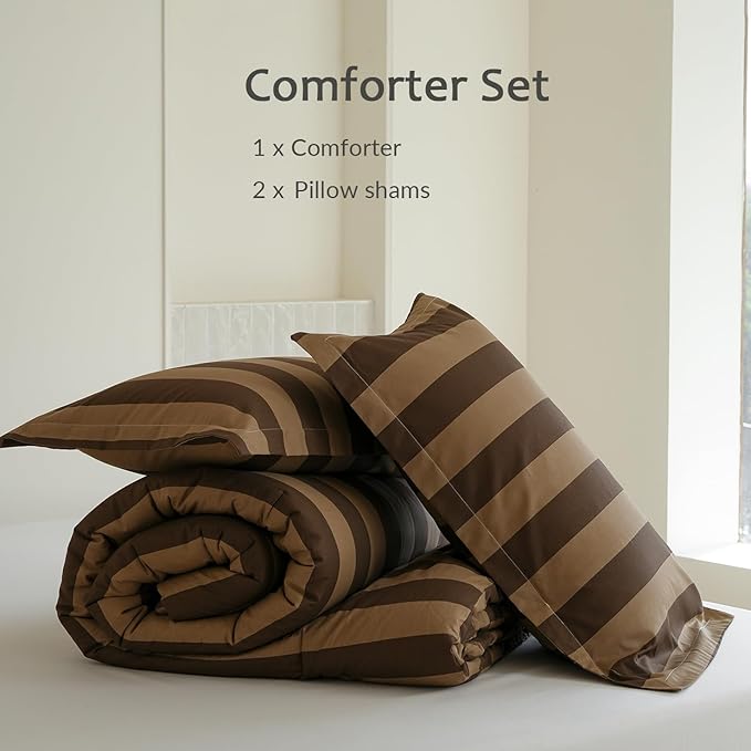 King Size Cotton Comforter Set, 3Pcs Brown Yellow Striped Duvet for All Seasons, Luxury Warmth Breathable Bedding Set with 1 Lightweight Comforter and 2 Pillow Shams
