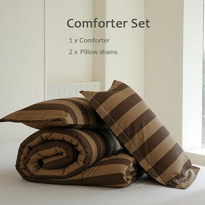 King Size Cotton Comforter Set, 3Pcs Brown Yellow Striped Duvet for All Seasons, Luxury Warmth Breathable Bedding Set with 1 Lightweight Comforter and 2 Pillow Shams