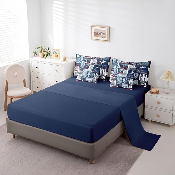 Erosebridal Kids 7 Pcs Teal Patchwork Bed in a Bag Queen Comforter Set,Ice Hockey Sheet Set for Boys Teens Men,Navy Blue Sports Game Bedding with Comforter,Vintage Geometric Striped Quilt Cover