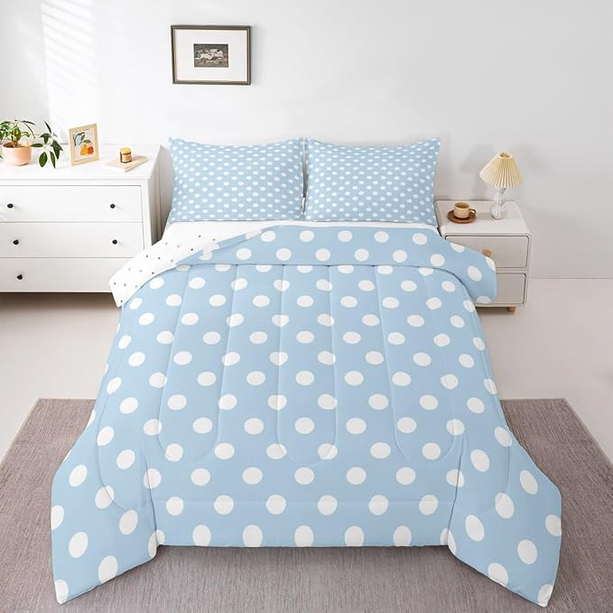 Manfei Polka Dots Adults Comforter Set,French Style Dots Cartoon Blue White Bedding Set All Season,Modern Geometric Circles Abstract Simple Art Comforter 3 Pcs with 2 Pillowcases,King Size