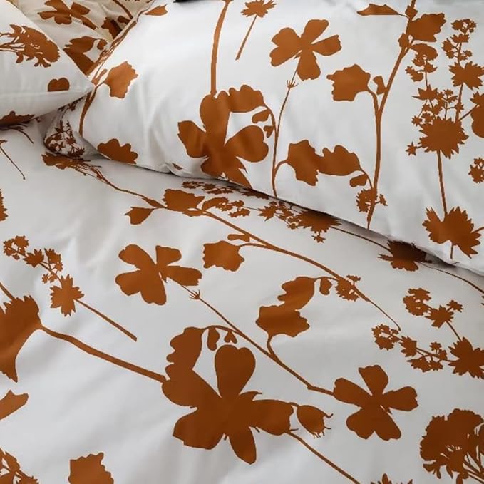 CLOTHKNOW Brown Leaves Full Size Comforter Sets Botanical Bedding Comforter Sets White Brown Comforter Leaves Comforter with 2 Pillowcases