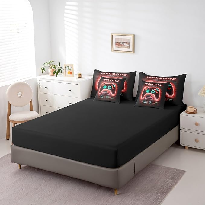jejeloiu Red Gamer Gaming 7 Piece Bedding Set Full Size for Boys Game Console Comforter Set with Sheets Kids Teens Neon Light Bed in a Bag Cool Game Room Decor Bed Set