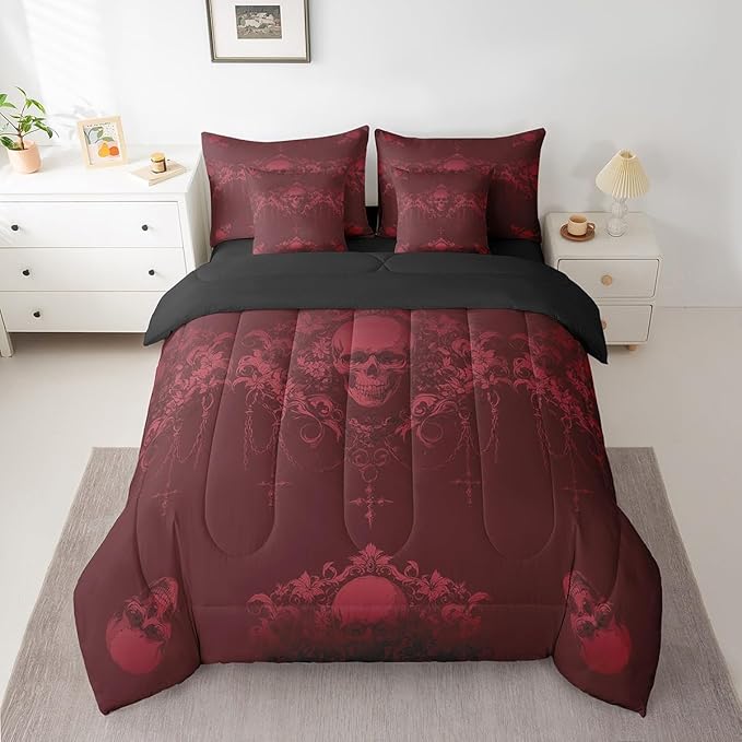 Erosebridal Gothic 7 Piece Comforter Set Full Bed in a Bag,Goth Sugar Skull Bedding Set,Maroon Damask Bohemian Vintage Floral Comforter and Sheet Set,Exotic Antique Victorian Baroque Decor