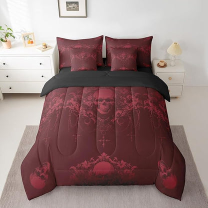 Erosebridal Gothic Comforter Set 7 Piece Bed in a Bag Twin,Goth Sugar Skull Bedding Set,Maroon Damask Bohemian Vintage Floral Comforter and Sheet Set,Exotic Antique Victorian Baroque Decor