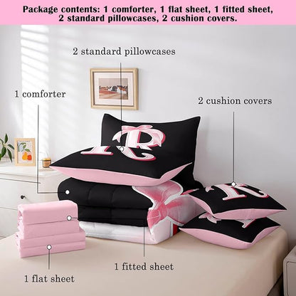 jejeloiu Kawaii Pink Bow King Comforter Set with Sheets,Gifts for Women Teen Girl,Personalized Initial Letter R 7 Piece Bedding Set,Soft Monogrammed Bed in a Bag with Comforter,Sheets,Pillowcases