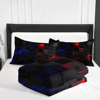 Neon Red and Blue Comforter Set Queen Geometric Kids Bedding Set,3 PCS Geometry Honeycomb Bed Set Modern Quilt Set 1 Comforter 2 Pillow Cases Cool Room Decor All Season B-Side Black