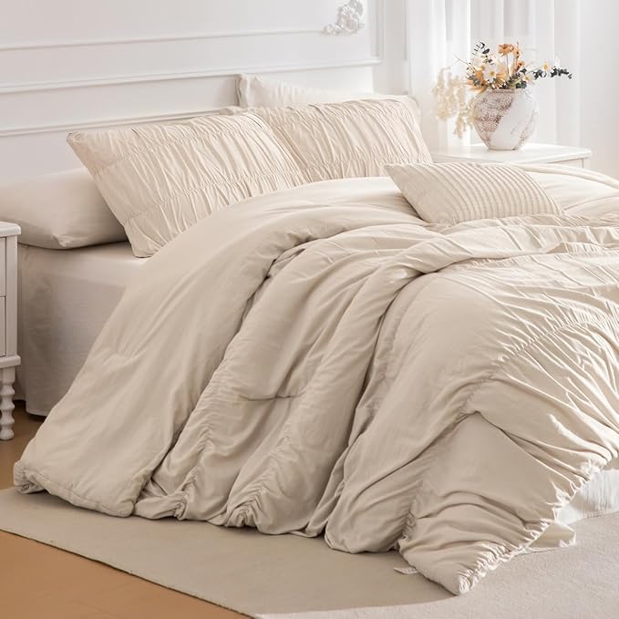 Lady Ann Oversized King Bed Comforter Set- Wheat Ruched Boho 128 x 120 Comforter Set for Bedroom, 3 Piece Fluffy Bedroom Set with Pillow Shams Soft All Season Bed Sets
