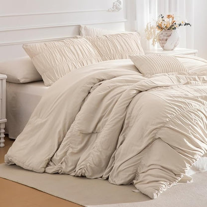 Lady Ann Oversized King Bed Comforter Set- Wheat Ruched Boho 128 x 120 Comforter Set for Bedroom, 3 Piece Fluffy Bedroom Set with Pillow Shams Soft All Season Bed Sets