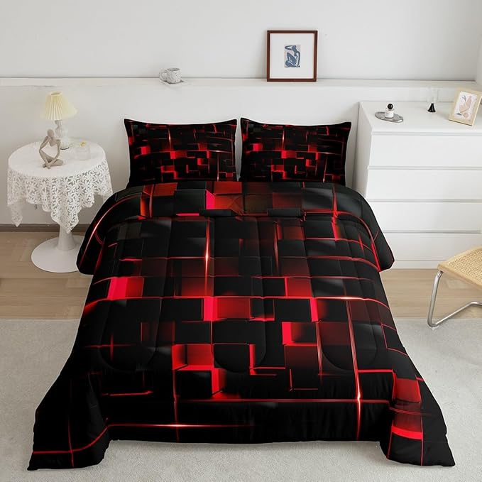 Erosebridal Neon Red Black Comforter Set Twin Size, Geometric Kids Bedding Sets 2 Pcs Honeycomb Bed Set Modern Quilt, 1 Comforter 1 Pillow Case Cool Room Decor All Season B Side Black