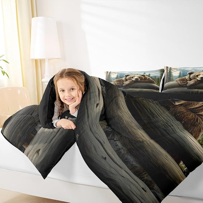 Erosebridal Nature Forest Bear Comforter Set King Size Wild Animals Forest Bedding Set for Child Boys Girls | Rustic Cabin Woodland Brown Bear Comforter Mountain Hunting Wildlife Duvet Insert