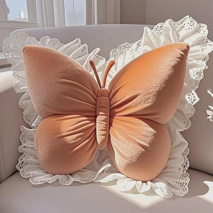 Butterfly Throw Pillow,21.6 inch Velvet Butterfly Decorative Pillow with Lace Trim,Animal Pillow for Couch Living Room Bed,Home Garden Decor (Orange)