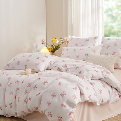 White Twin Comforter Set - Pink Bow Quilt Bedding Set 2 Pieces, Comforter Set Twin Size, Soft & Lightweight Comforter(68‘’ x 90‘’) for Girl All Season & 1 Pillowcase(30‘’x20‘’)