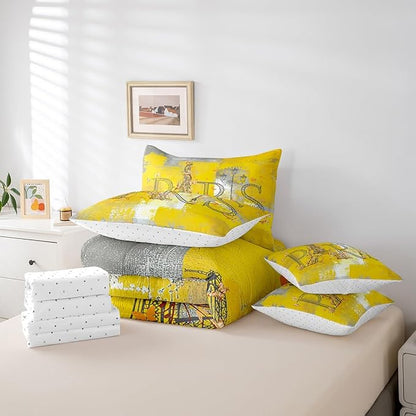 Erosebridal Paris Printed Bedding Full Size 7pcs Yellow Aesthetic Comforter Set, Oil Painting Bed in a Bag Old Fashion Grunge Bedding Comforter Sets with Flat Sheet Fitted Sheet and Pillowcases
