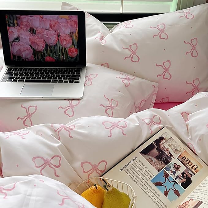 Nayoroom Pink Bow Comforter Set Full Size Polka Dot Bowknot Printed Cute Comforter 3 Pieces Soft Lightweight Kids Girls Dorm Bedding Set for All Seasons