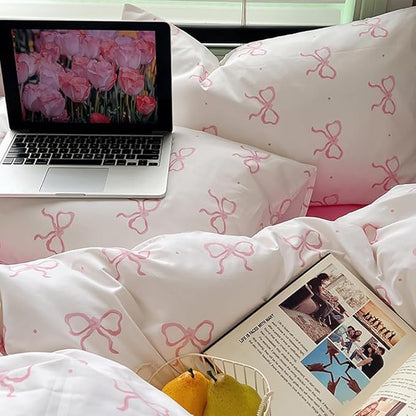 Nayoroom Pink Bow Comforter Set Full Size Polka Dot Bowknot Printed Cute Comforter 3 Pieces Soft Lightweight Kids Girls Dorm Bedding Set for All Seasons