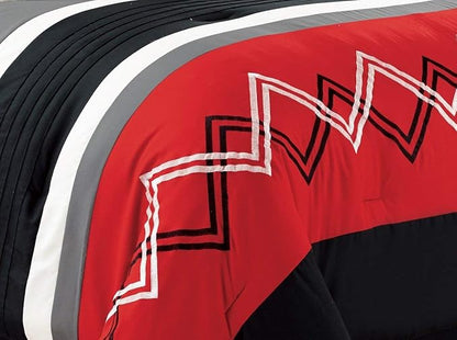 Chezmoi Collection Arden 7-Piece Modern Pleated Stripe Embroidered Zigzag Bedding Comforter Set (California King, Red/Black/Gray/Off-White)