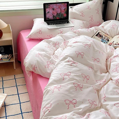 Nayoroom Pink Bow Comforter Set Full Size Polka Dot Bowknot Printed Cute Comforter 3 Pieces Soft Lightweight Kids Girls Dorm Bedding Set for All Seasons