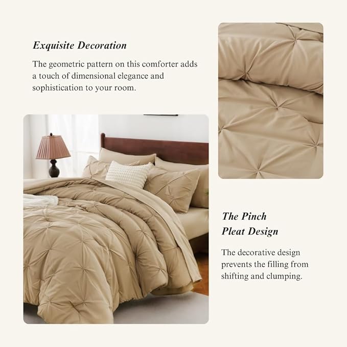 Sheet&Joy King Size Comforter Set, 7-Piece Bed in a Bag, Pintuck Bedding Set for All Season, Includes Comforter, Flat Sheet, Fitted Sheet, Pillowcases and Pillowshams, Khaki