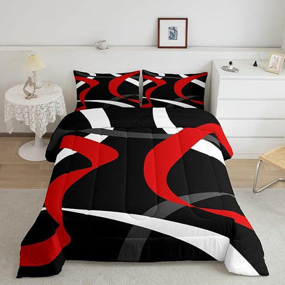 Erosebridal Grey Red Black Bedding Comforter Sets Dark Gray White Striped Abstract Bedding Set King for Boys Teen Men Geometric Stripes Down Comforter Modern Fashion Quilt Duvet