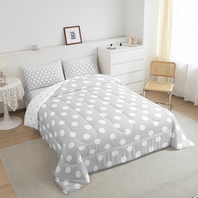 Manfei Polka Dots Kids Comforter Set,French Style Cartoon Dots Gray White Bedding Set All Season,Modern Geometric Circles Abstract Simple Art Comforter 2 Pcs with 1 Pillowcase,Twin Size