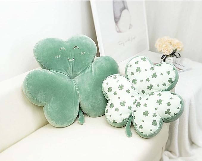Cyprinus Carpio Smile Face Trifolium Plush Throw Pillow Green Shamrock Cushion Decor Room Light Blue/15Inch