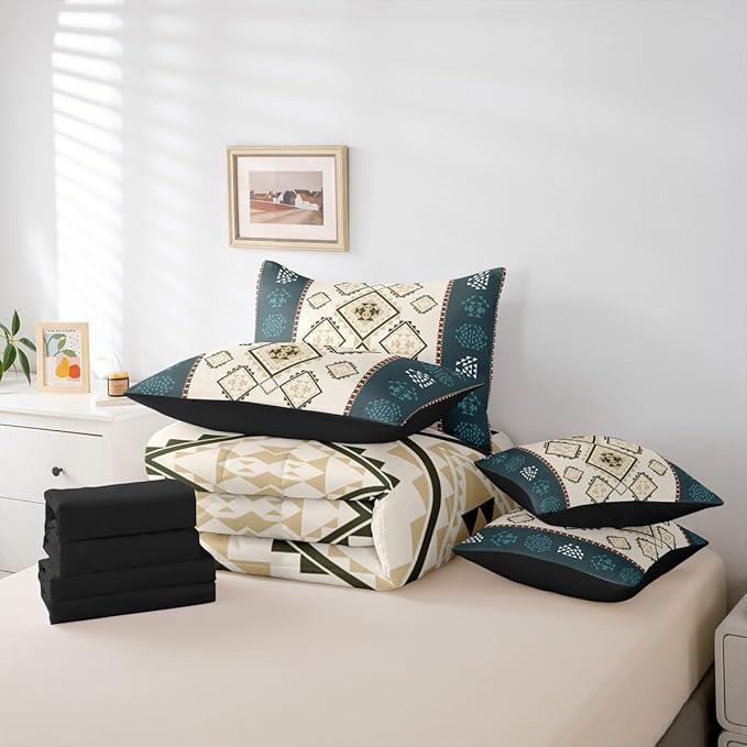 Erosebridal Rustic Southwestern 7 Piece Bedding Set Queen Western Aztec Comforter Set Exotic Tribal Geometric Aesthetic Bed in A Bag Bohemian Ethnic Native Quilt with Flat Fitted Sheet Cabin Decor