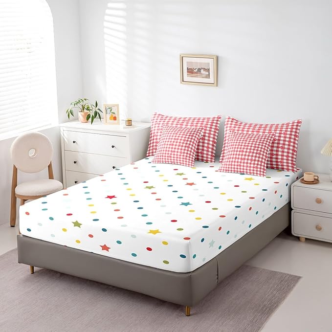 Feelyou Red Bow Comforter Set with Sheets Queen Size Kids Bowknot Pliad 7 Pieces Bedding Set for Boys Girls Teens Gift for Girls Women Grid Bed in a Bag Breathable Princess Décor Bed Set