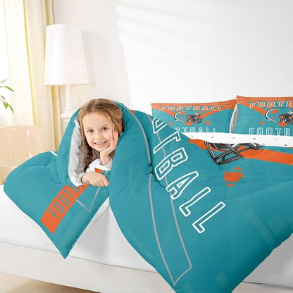 Feelyou Football Bedding Set Boys Girls Full Size Women Men Football City Comforter Rugby Sports Duvet Quilt Orange Green Room Decor