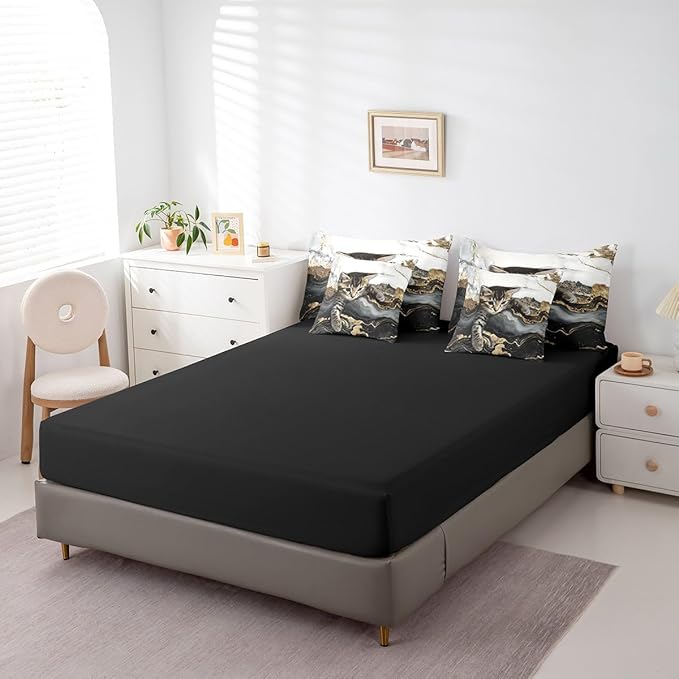 Erosebridal Black and White Bedding Set Watercolor Marble Printed Bed in A Bag for Twin Bed, Cute Cat Gold Marbling Comforter Sets with Sheets Burning Mountain Retro Artwork Design Bedding 7 Pieces