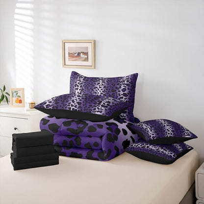 Erosebridal Purple Ombre Leopard Print Women 7 Piece Bedding Set Twin | Animal Skin Pattern Comforter Set with Sheets Cheetah Gradient Fur Bed in A Bag Men Adults Bed Sets