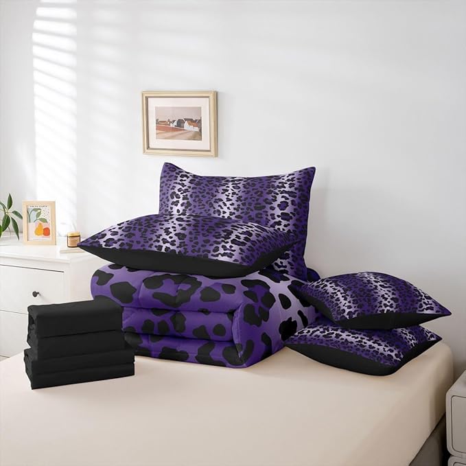 Erosebridal Purple Ombre Leopard Print Women King 7-Piece Comforter Set | Animal Skin Pattern Sheets and Pillowcases Cheetah Gradient Fur Bed in A Bag Men Adults Bed Sets