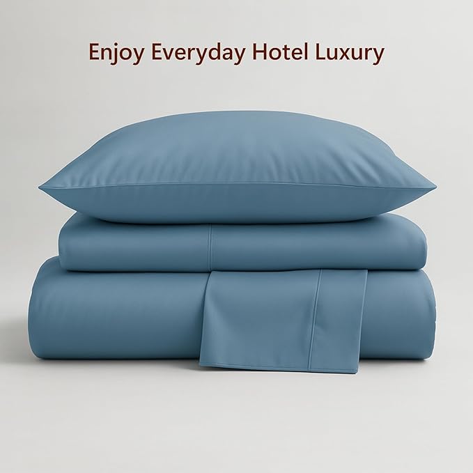 Peru Pima 415 Thread Count Percal California King Sheet Set - 100% Peruvian Pima Cotton, 4 Piece (Flat, Fitted, 2 Pillowcases) - Cooling, Deep Pocket, Hotel Quality Bedding - Light Denim