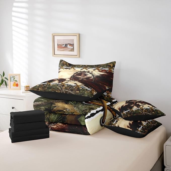Rustic 7-Piece Comforter Set Full Bed in a Bag,Cowhide Western Texas Star Bedding Sets Mens Tree Leaves Hunting Comforter and Sheet Set, Woodland Animals Farmhouse Room Decor,Camo Cabin Country Decor