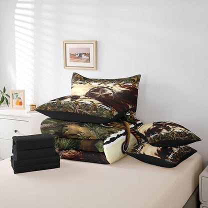 Rustic 7-Piece Comforter Set Full Bed in a Bag,Cowhide Western Texas Star Bedding Sets Mens Tree Leaves Hunting Comforter and Sheet Set, Woodland Animals Farmhouse Room Decor,Camo Cabin Country Decor