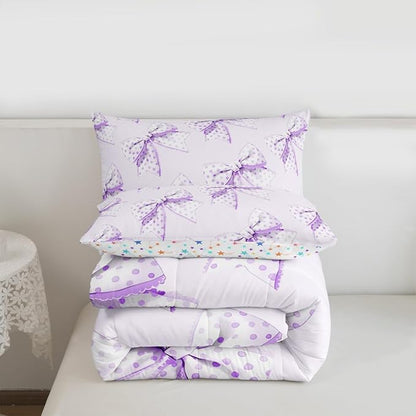Erosebridal Cartoon Dot Bow Girls Toddler Bedding Set Purple Princess Bowknot Comforter Set Cute Kawaii Butterfly Knot Bedding Comforter Sets for Kids Teen Women,Dreamy Coquette Bow Bed Set