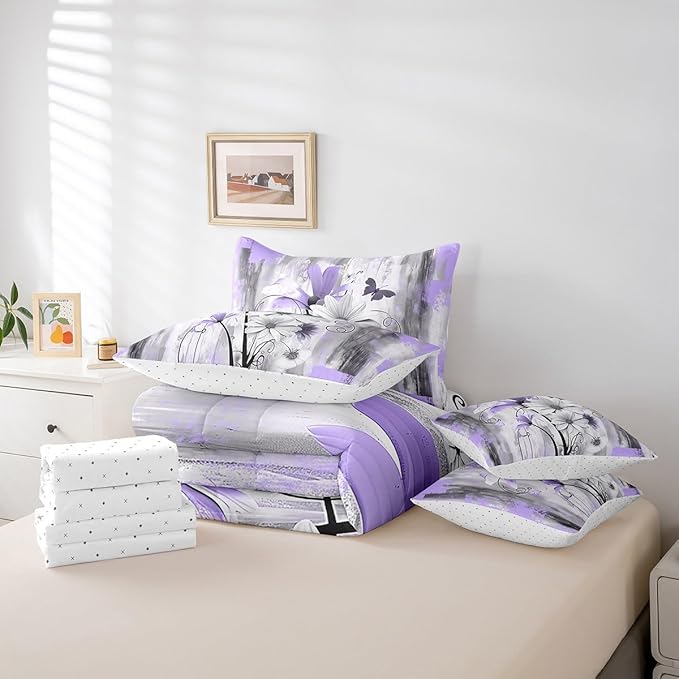Feelyou Girls Daisy Flower Comforter Set with Sheets Queen Size 7 Pieces Kids Vintage Floral Butterfly Bedding Set for Boys Women Teens Purple Grey White Simple Modern Abstract Art Bed in a Bag