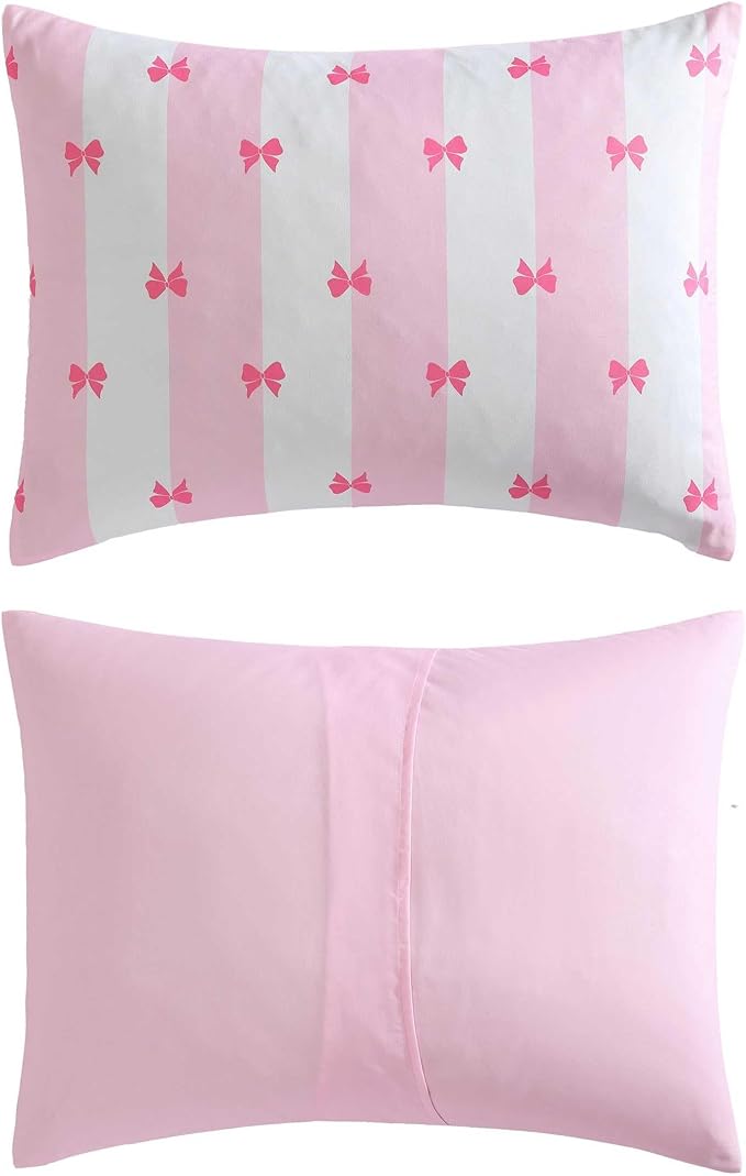 Betsey Johnson - Twin Comforter Set, Bonus Bedding Set with Matching Sham, Pillowcase & Reversible Plush Throw, Dorm Essentials (Bow Stripe Pink)