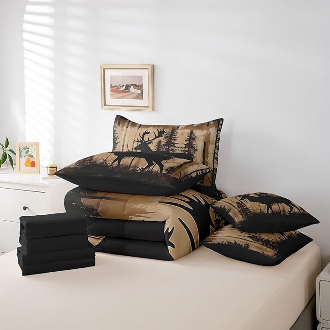 Erosebridal Queen Size Deer Bedding Set 7 Pieces for Kids Teens Adults - Woodland Deer Hunting Bed in A Bag Rustic Farmhouse Style Comforter Set with Sheets Country Rural Cabin Lodge Duvet Insert