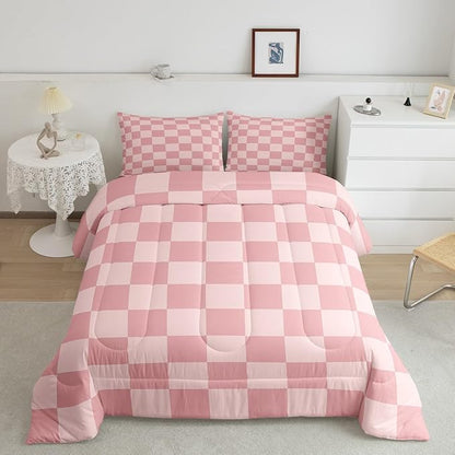 Feelyou Checkered Retro Bedding Set Teen Women Men Pink Gradient Plaid Comforter Set King Size Kids Boys Girls Geometric Vintage Duvet Insert Modern Simple Groovy Aesthetic Room Decor